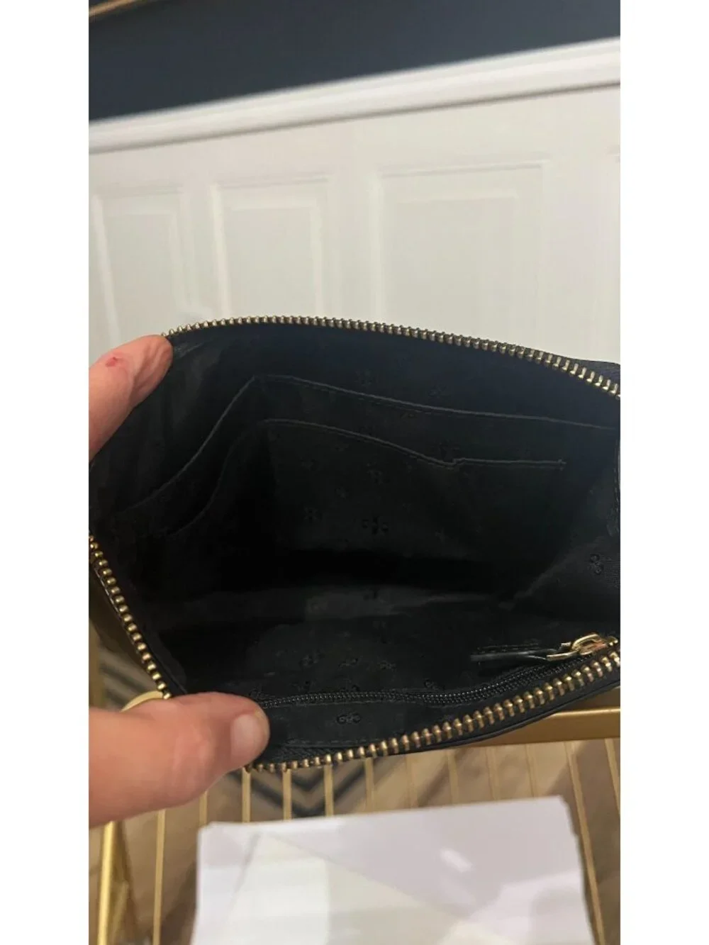 Tory Burch Britten Large Pebbled Leather Zip Pouch Wristlet - Black & Gold